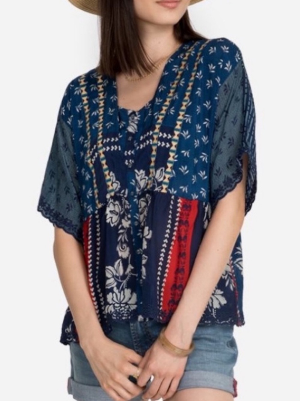Johnny Was Ramona Patchwork Embroidered Button Down Top